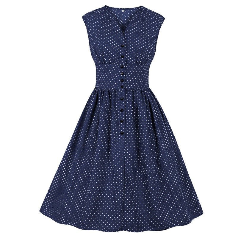 Vintage Plus Size Blå Polka Dot Klänning