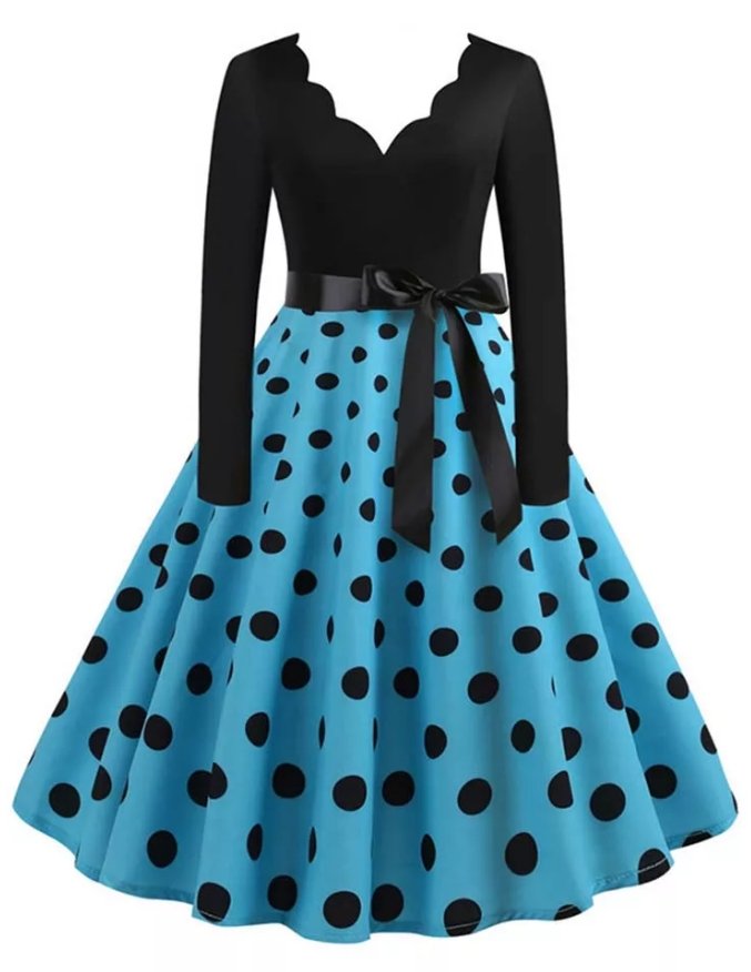 Vintage Plus Size Rockabilly Klänning Blå Polka Dots