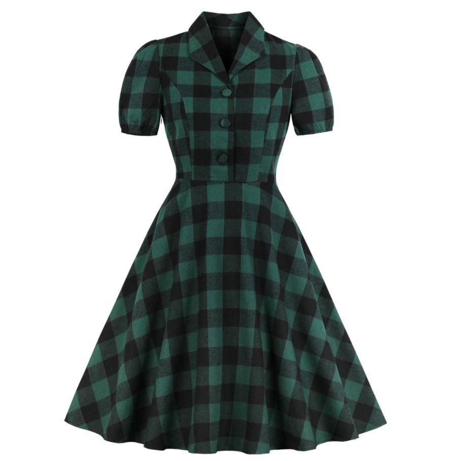 Vintage Plus Size Grön Rutig Klänning