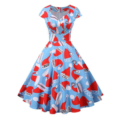 Vintage Christmas Plus Size Blå Klänning