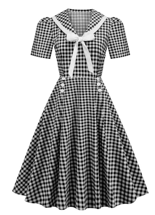 Vintage Pin Up Rutig Klänning Svart