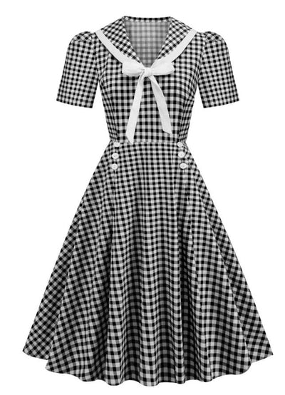 Vintage Pin Up Rutig Klänning Svart