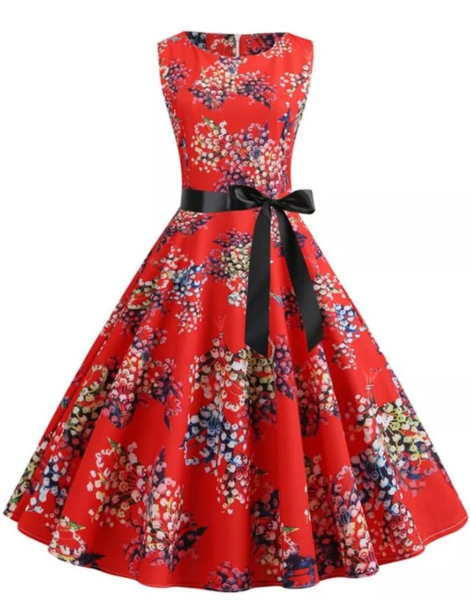 Vintage Pin Up Klänning Röda Blommor