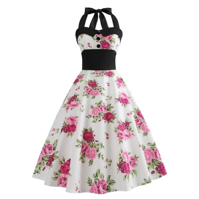Vintage Vit Pin-Up Klänning Med Blommor