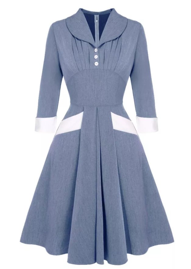 Blå Veckad Vintageklänning