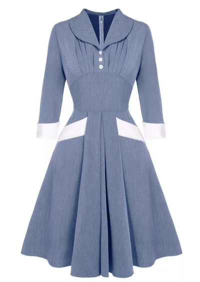 Blå Veckad Vintageklänning