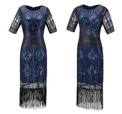 Vintage 20-Tals Gatsby Lång Blå Klänning